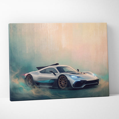Silver and teal Mercedes-AMG One inspired racing car canvas print featuring sleek futuristic design and glowing headlights