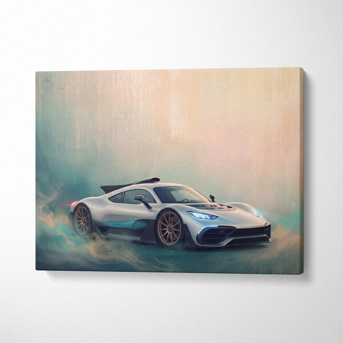 Mercedes-AMG One inspired luxury supercar canvas print in silver and teal with gold accented wheels and futuristic design