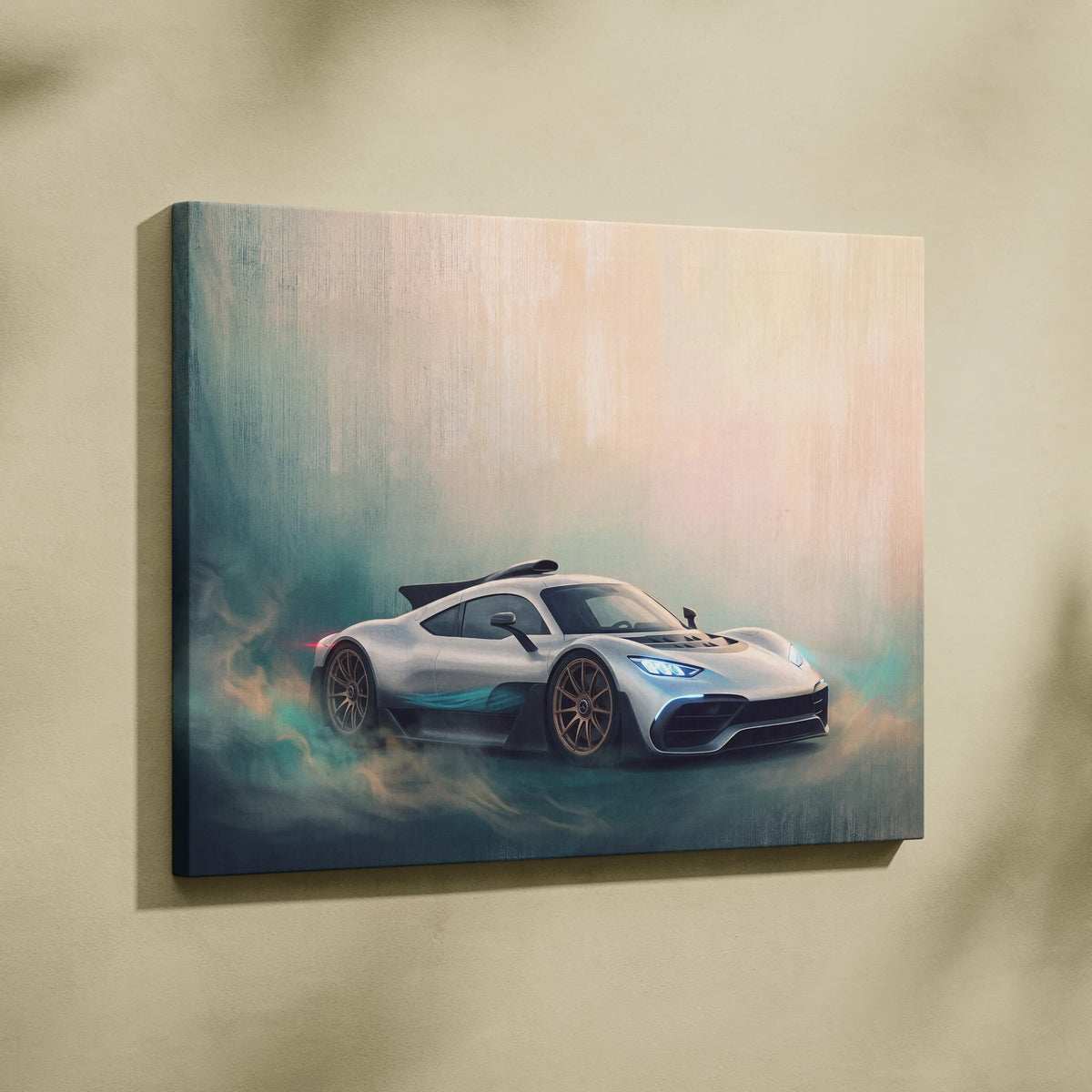 Mercedes-AMG One inspired silver and teal hypercar artwork on a stretched canvas luxury supercar wall art print