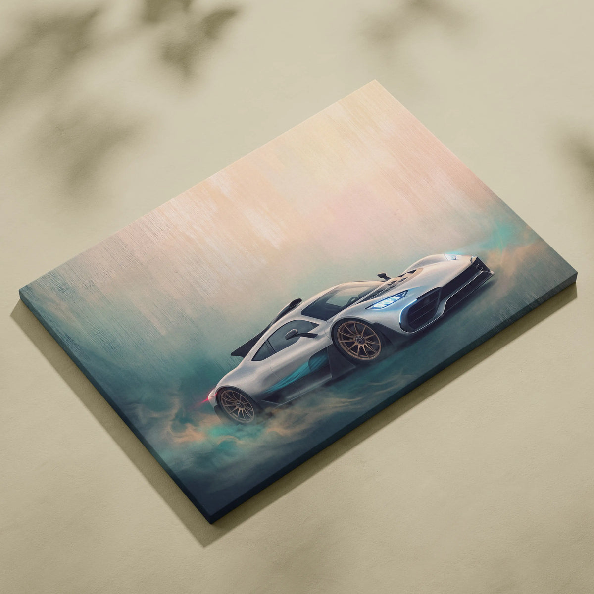 Mercedes-AMG One inspired luxury supercar canvas print featuring a sleek silver and teal sports car illustration