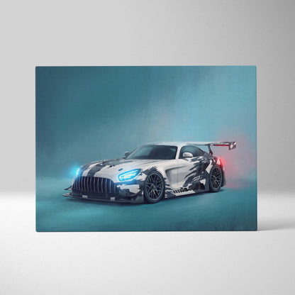 Mercedes-amg gt inspired supercar canvas art featuring sleek white and black camo race car with glowing blue headlights