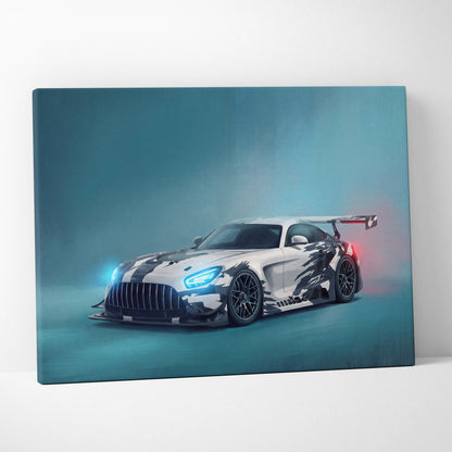 Mercedes-AMG GT inspired supercar canvas art featuring a white and black race car with glowing blue headlights and rear spoiler