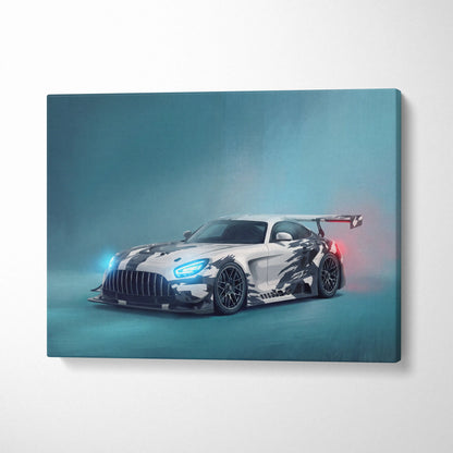 Mercedes-AMG GT inspired supercar canvas art featuring a sleek white and black camouflaged race car with glowing headlights