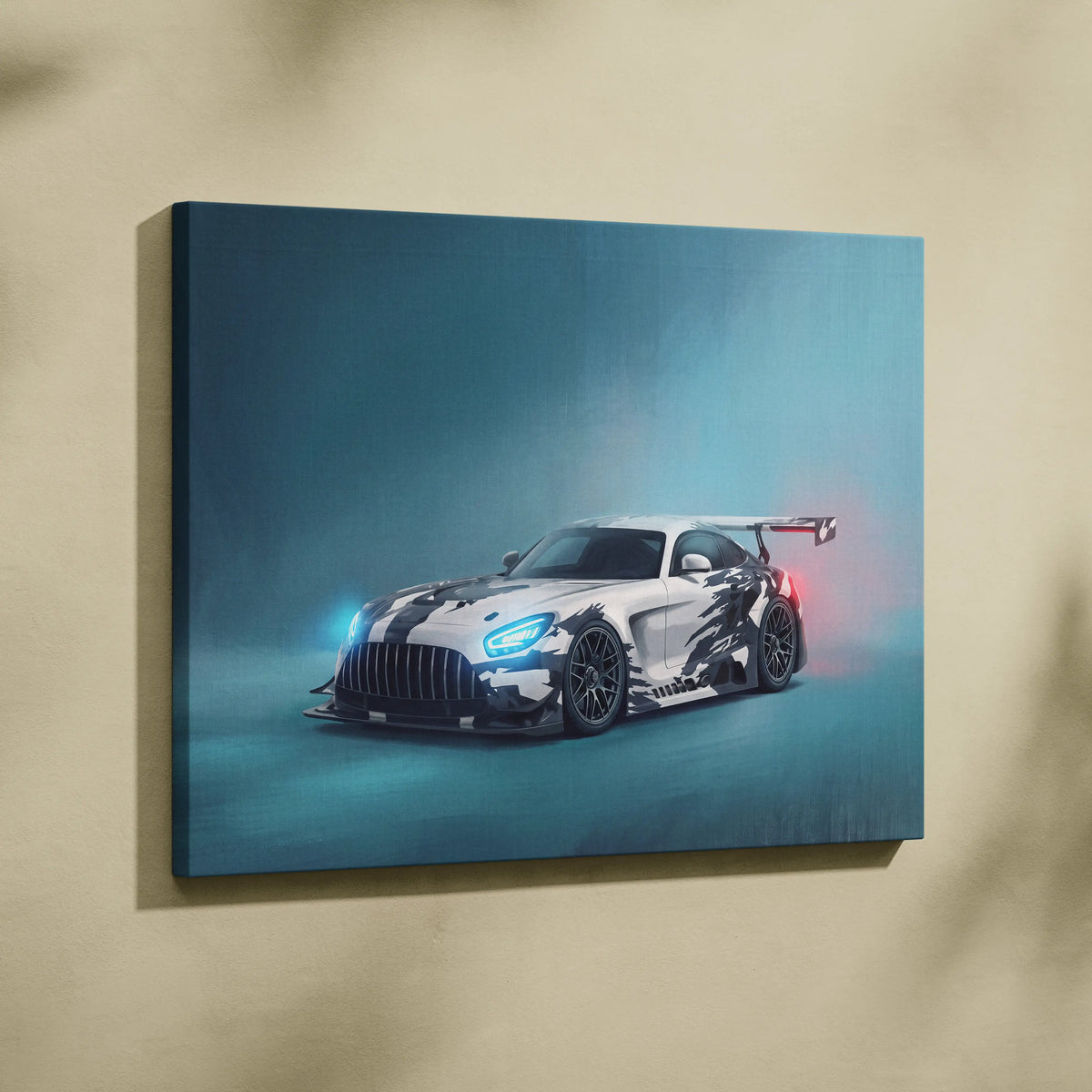Mercedes-AMG GT inspired supercar canvas art featuring white and black racing car with glowing blue headlights and red taillight accent