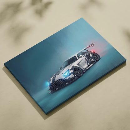 Mercedes-AMG GT inspired supercar canvas art print featuring a sleek white and black camouflaged sports car with glowing blue headlights and red taillights
