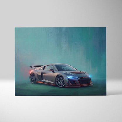 Audi R8 inspired canvas art featuring a sleek matte gray sports car with glowing blue headlights and red trim