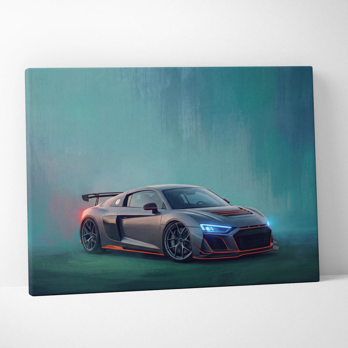 Gray audi r8 inspired canvas art with glowing blue headlights and orange trim premium automotive wall decor