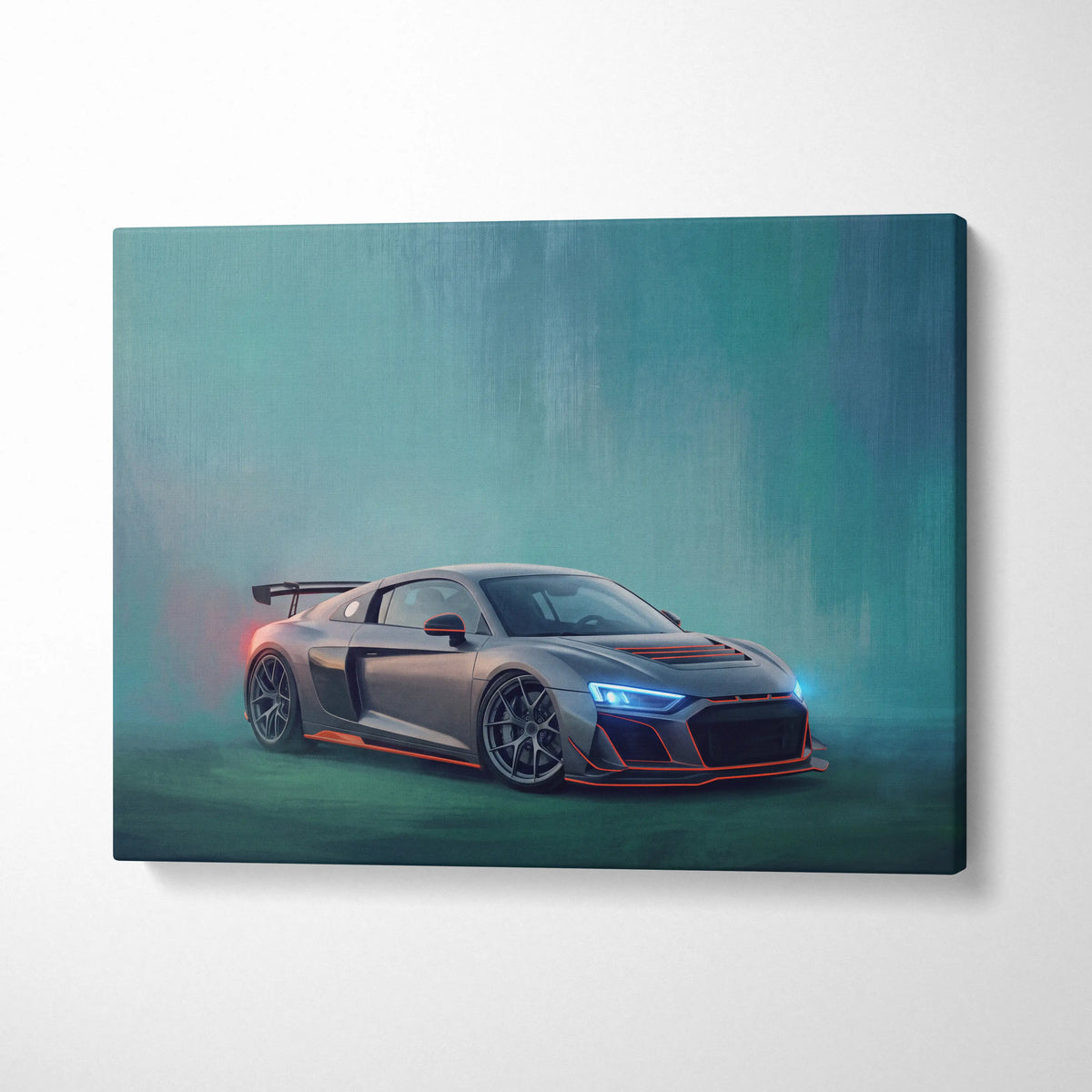 Audi R8 inspired canvas art premium automotive wall decor featuring sleek matte gray sports car with glowing blue headlights