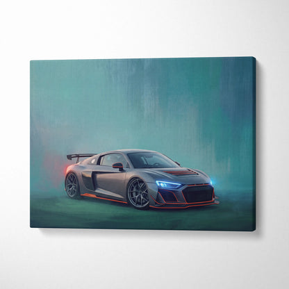 Audi R8 inspired canvas art premium automotive wall decor featuring sleek matte gray sports car with glowing blue headlights