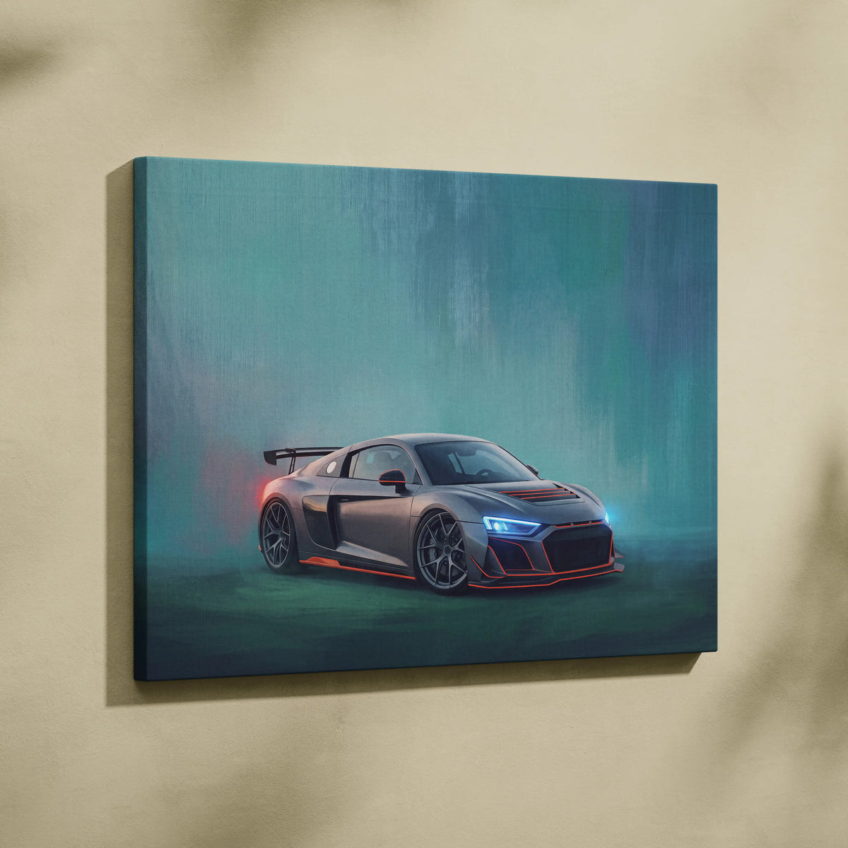 Audi r8 inspired canvas art featuring a sleek matte gray sports car with blue headlights and red trim on a teal background