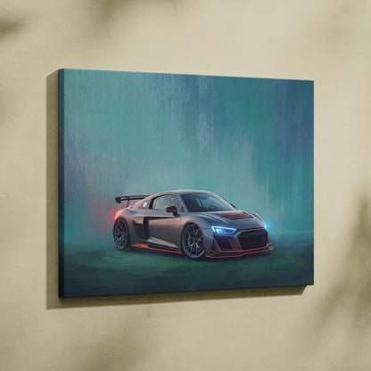 Audi r8 inspired canvas art featuring a sleek matte gray sports car with blue headlights and red trim on a teal background
