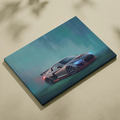Audi R8 inspired premium canvas art featuring a matte gray sports car with blue and red neon accents