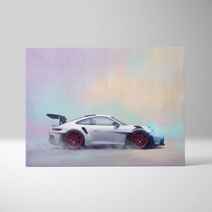 White porsche 911 gt3 rs inspired canvas wall art featuring red wheels and black rear spoiler in track edition design