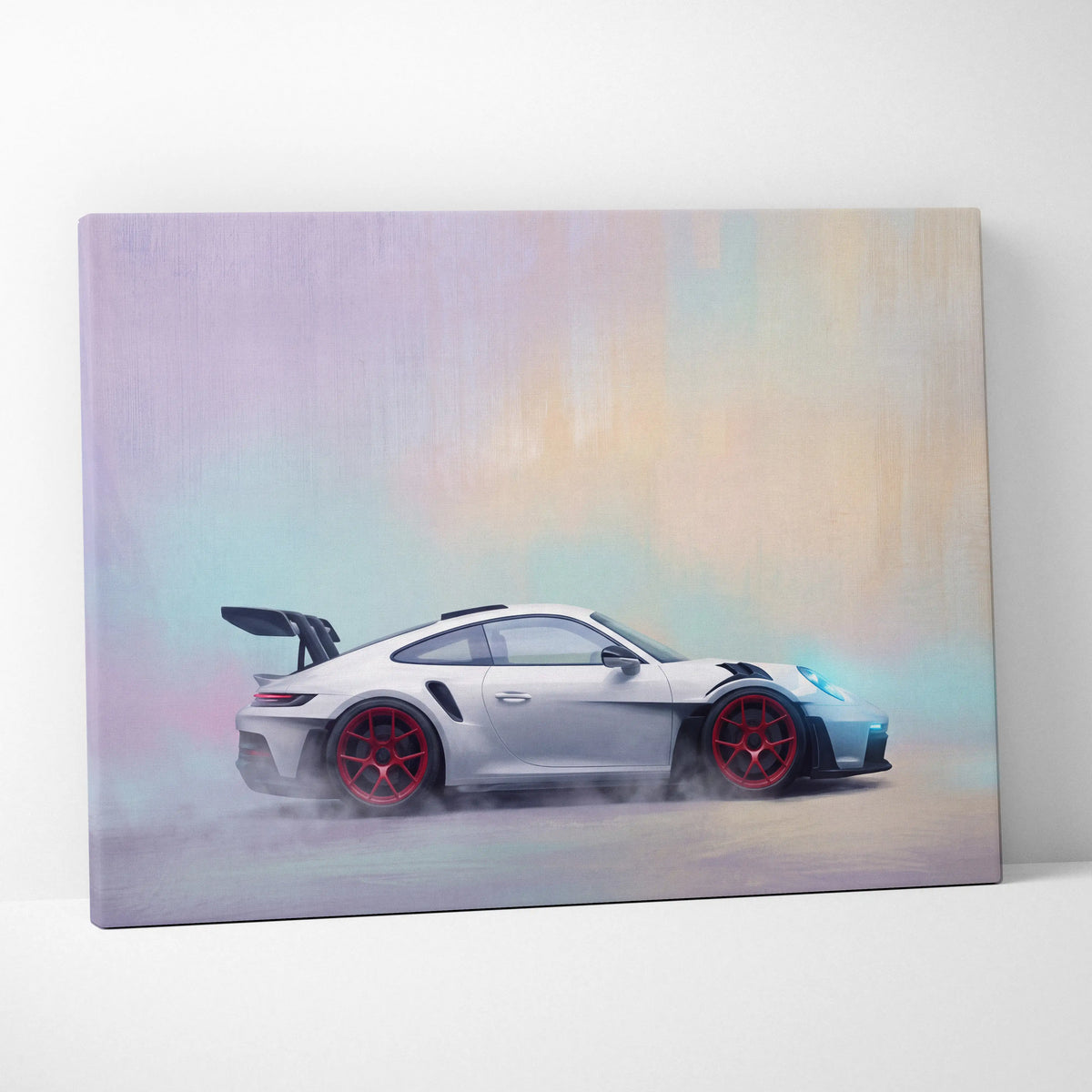 Silver Porsche 911 GT3 RS inspired sports car wall art with red rims and black rear spoiler on canvas print