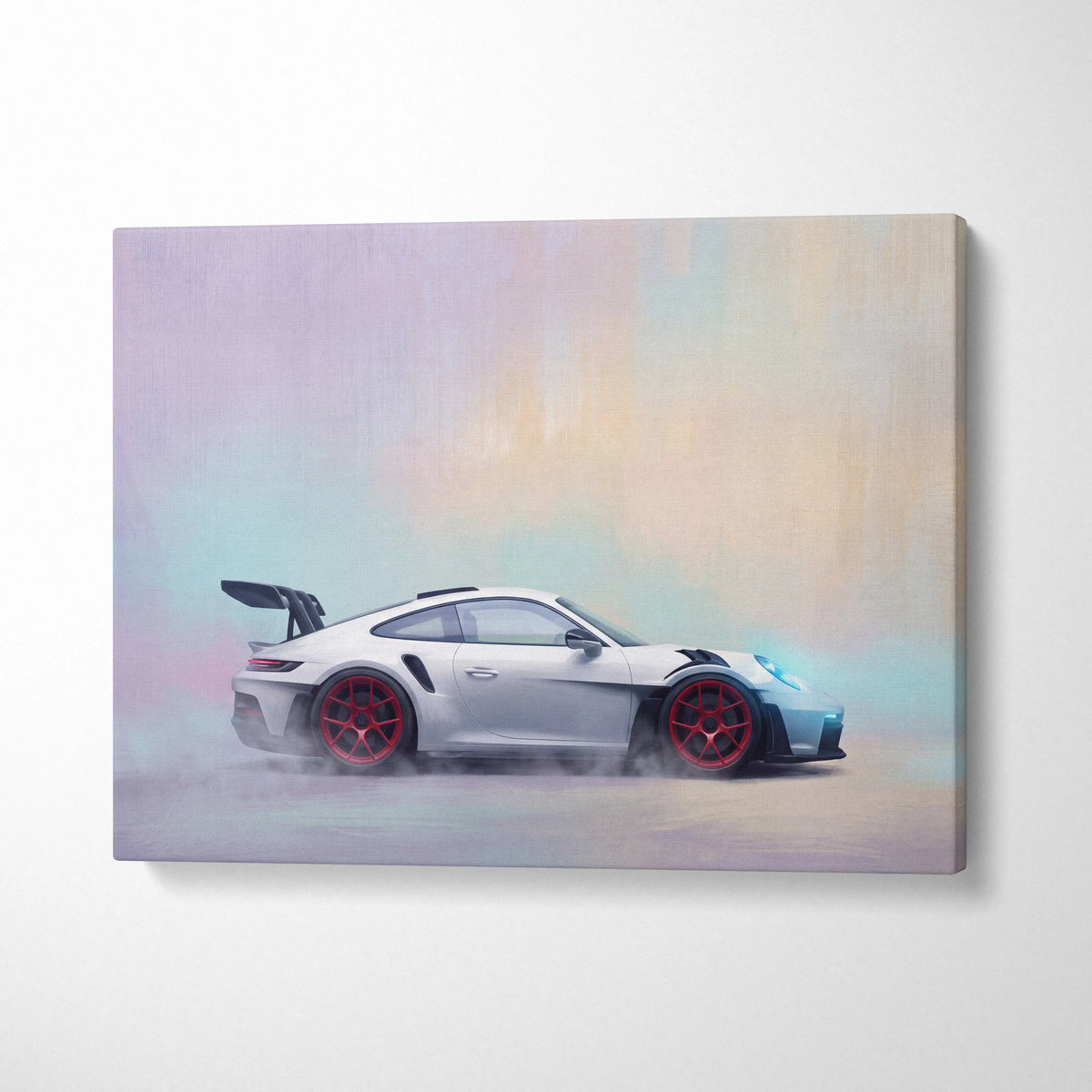 White porsche 911 gt3 with red wheels and black racing stripes drifting on track edition canvas painting print