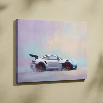 Porsche 911 gt3 rs inspired car wall art canvas painting print featuring white gt3 with red wheels and black spoiler