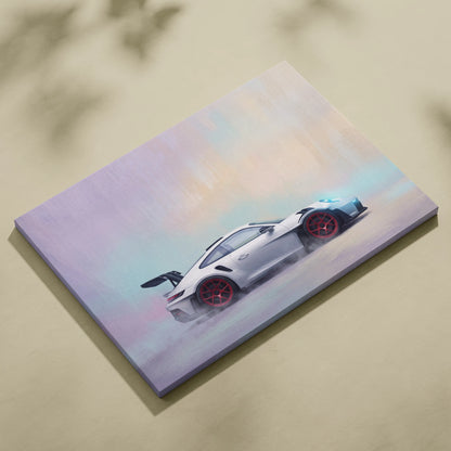 Porsche 911 GT3 RS inspired white sports car wall art with red rims and black spoiler on canvas print