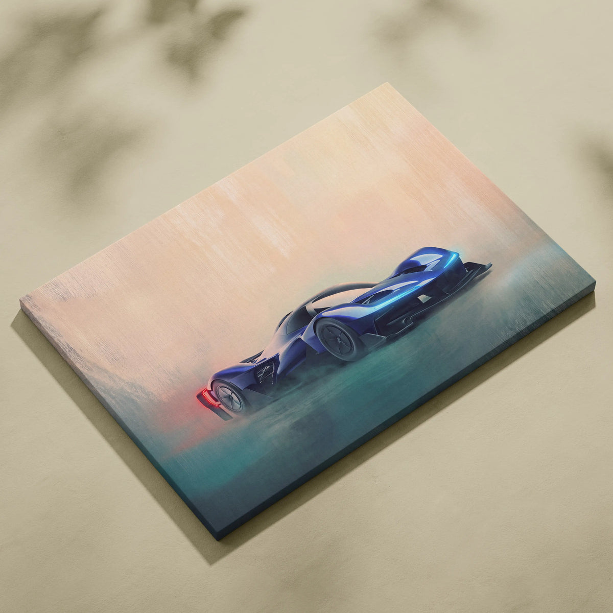 Blue futuristic race car painting on canvas inspired by redbull rb17 luxury supercar automotive wall art print