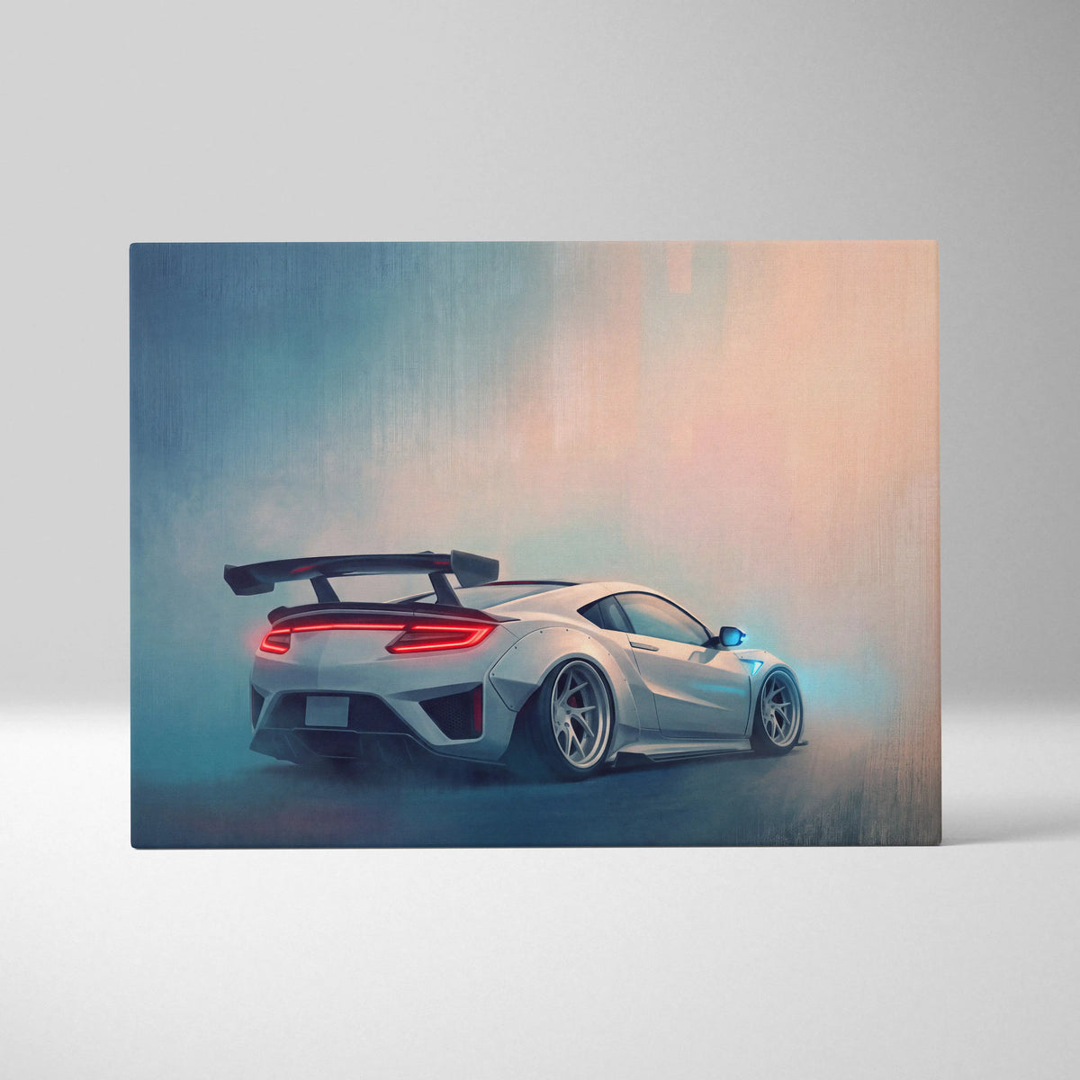 Stylized white acura nsx inspired sports car canvas print showing the back with glowing red taillights and rear spoiler
