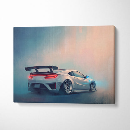 Silver honda nsx sports car canvas print showing the back side with glowing red taillights and black rear spoiler