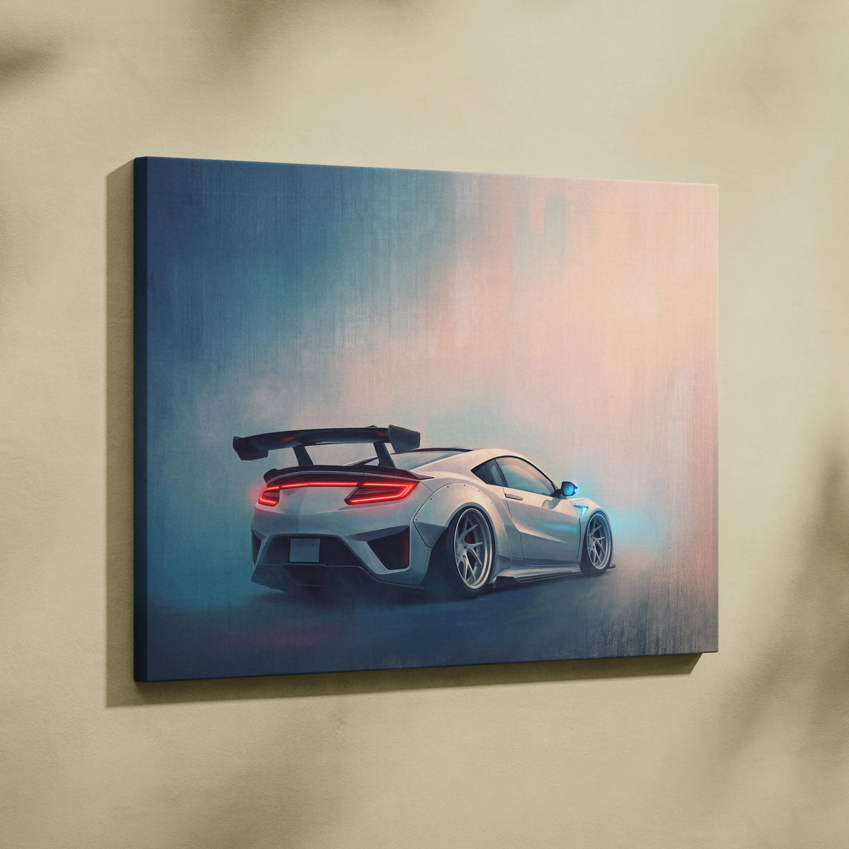 Silver honda nsx sports car canvas print with glowing red taillights and black rear spoiler shows back side