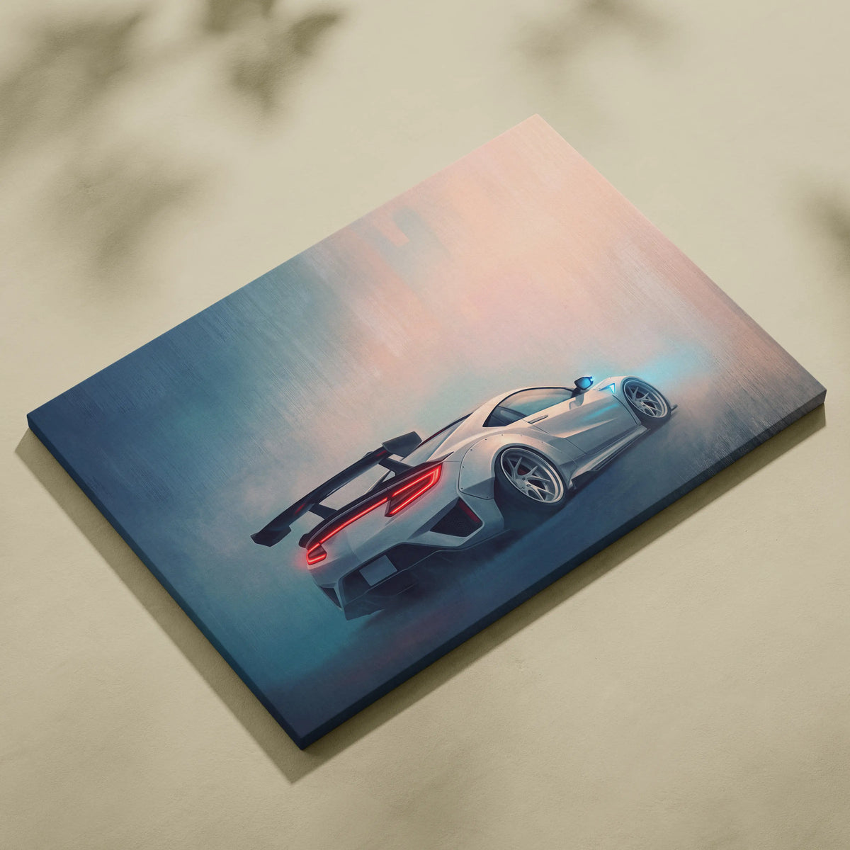 Silver Acura NSX inspired supercar canvas art print showing the back with glowing red taillights and rear spoiler