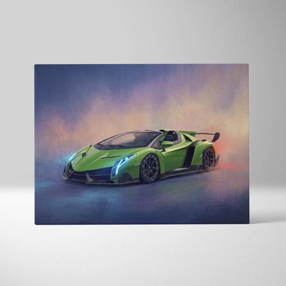 Lamborghini Veneno inspired car wall art featuring vibrant green sports car in smoky dynamic canvas painting print