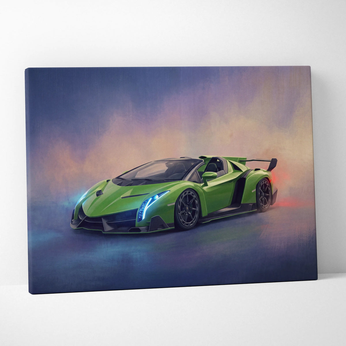 Lamborghini Veneno inspired canvas print with vibrant green car and glowing blue headlights on smoky backdrop