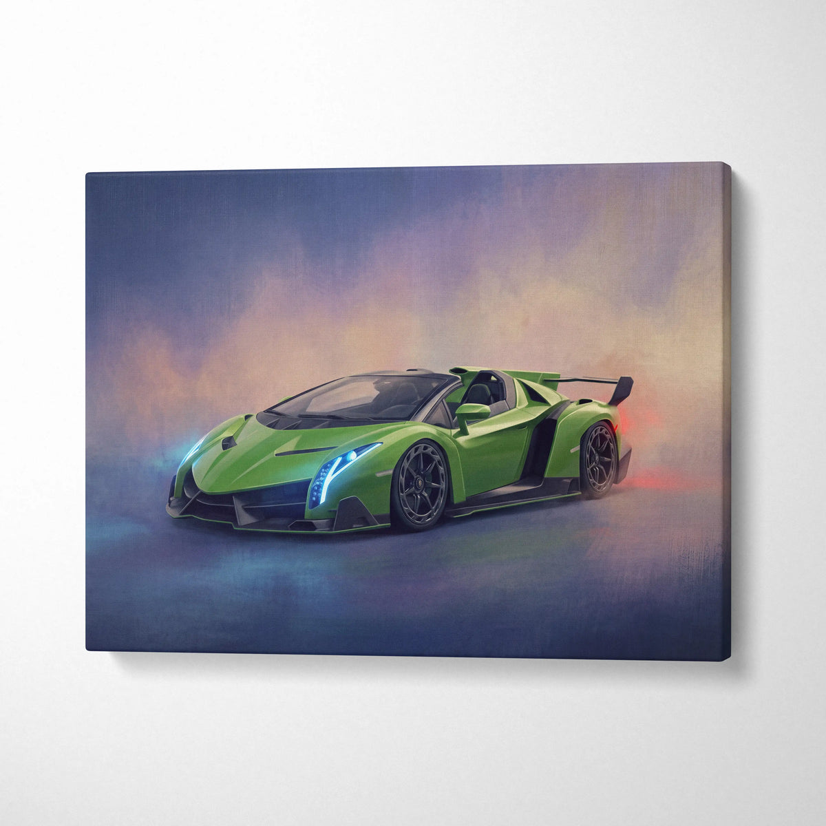 Lamborghini veneno inspired car wall art featuring a vibrant green sports car in dynamic smoky canvas painting print
