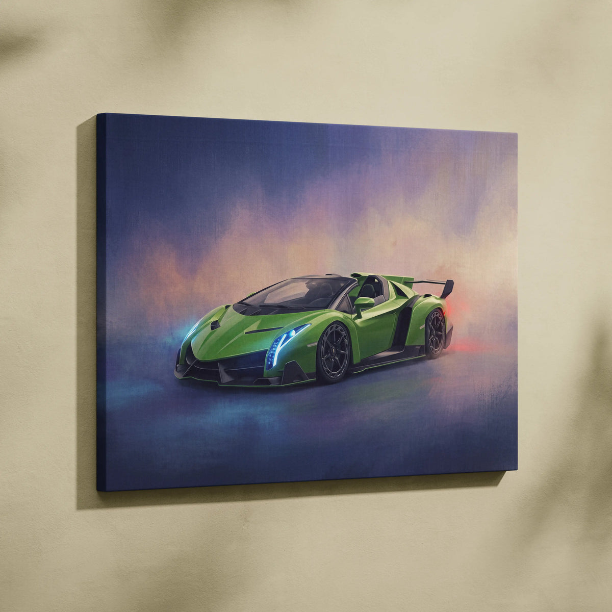 Lamborghini Veneno inspired vibrant green sports car wall art with blue purple lighting on a stretched canvas print
