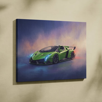 Lamborghini Veneno inspired vibrant green sports car wall art with blue purple lighting on a stretched canvas print