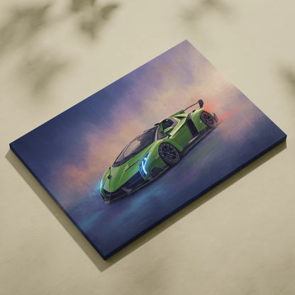 Lamborghini Veneno inspired vibrant lime green supercar canvas print with dynamic low-angle and twilight sky background