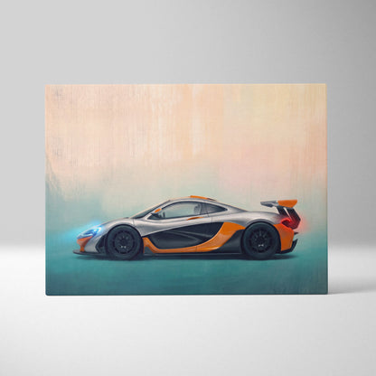 Silver and orange mclaren p1 luxury supercar canvas print automotive wall art for modern decor