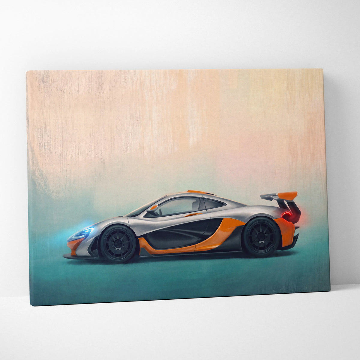 Silver and orange McLaren p1 sports car canvas print luxury supercar wall art for automotive decor