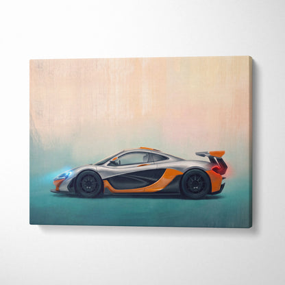 Silver and orange mclaren p1 luxury supercar canvas print automotive wall art for modern interior decor