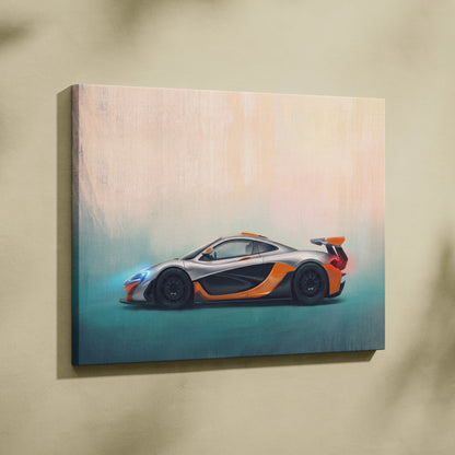 Silver and orange mclaren p1 luxury supercar canvas print wall art inspired automotive decor