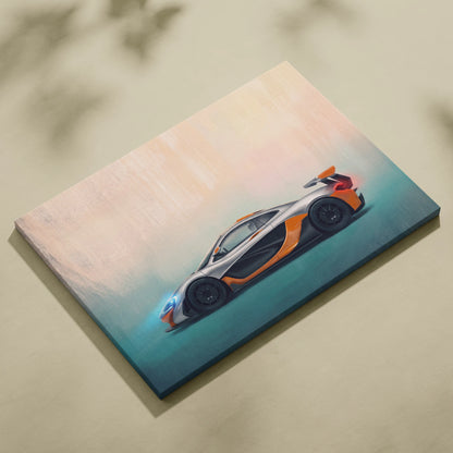 A vibrant orange and silver mclaren p1 on a stretched canvas with a gradient sky background luxury supercar wall art