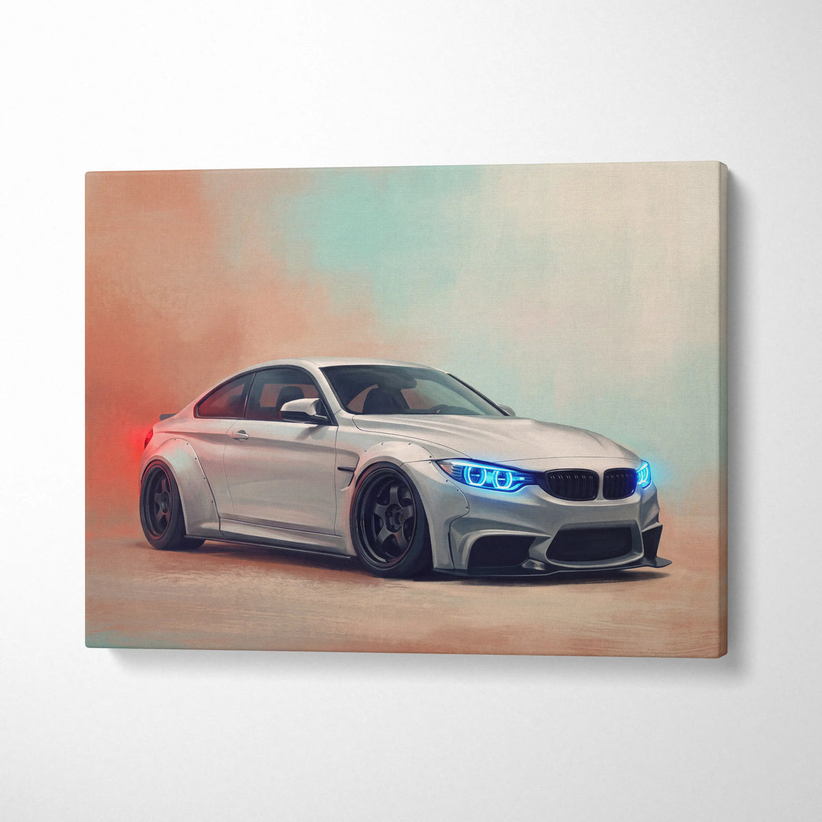 Silver BMW M4 coupe canvas print featuring glowing blue headlights and black rims German sports car wall art
