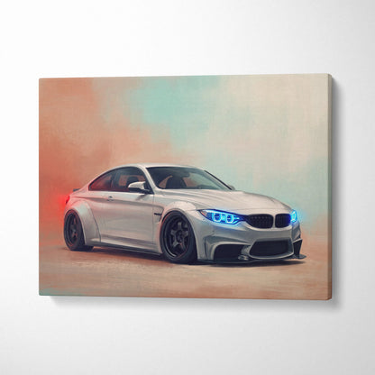 Silver BMW M4 coupe canvas print featuring glowing blue headlights and black rims German sports car wall art