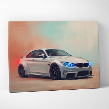 Silver bmw m4 coupe with glowing blue headlights and black rims on canvas in german sports car wall art print