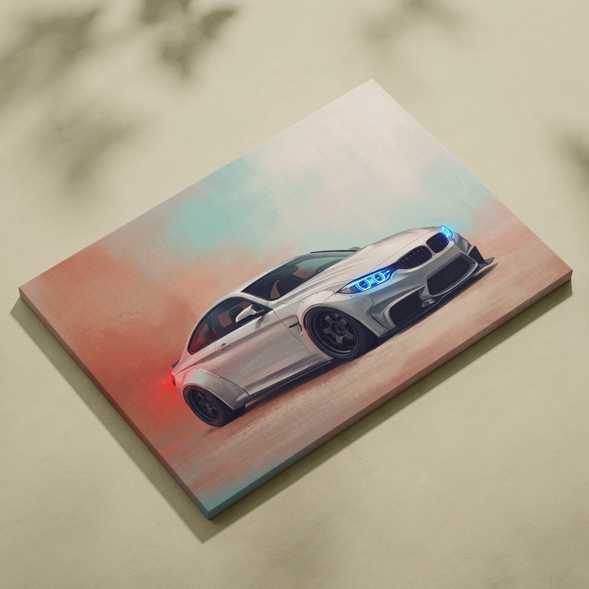 Silver BMW M3 drift canvas print with glowing blue headlights and red taillights on dynamic gradient background for wall art