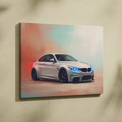 Silver bmw m4 coupe canvas print with glowing blue headlights and red smoke effects german sports car wall art