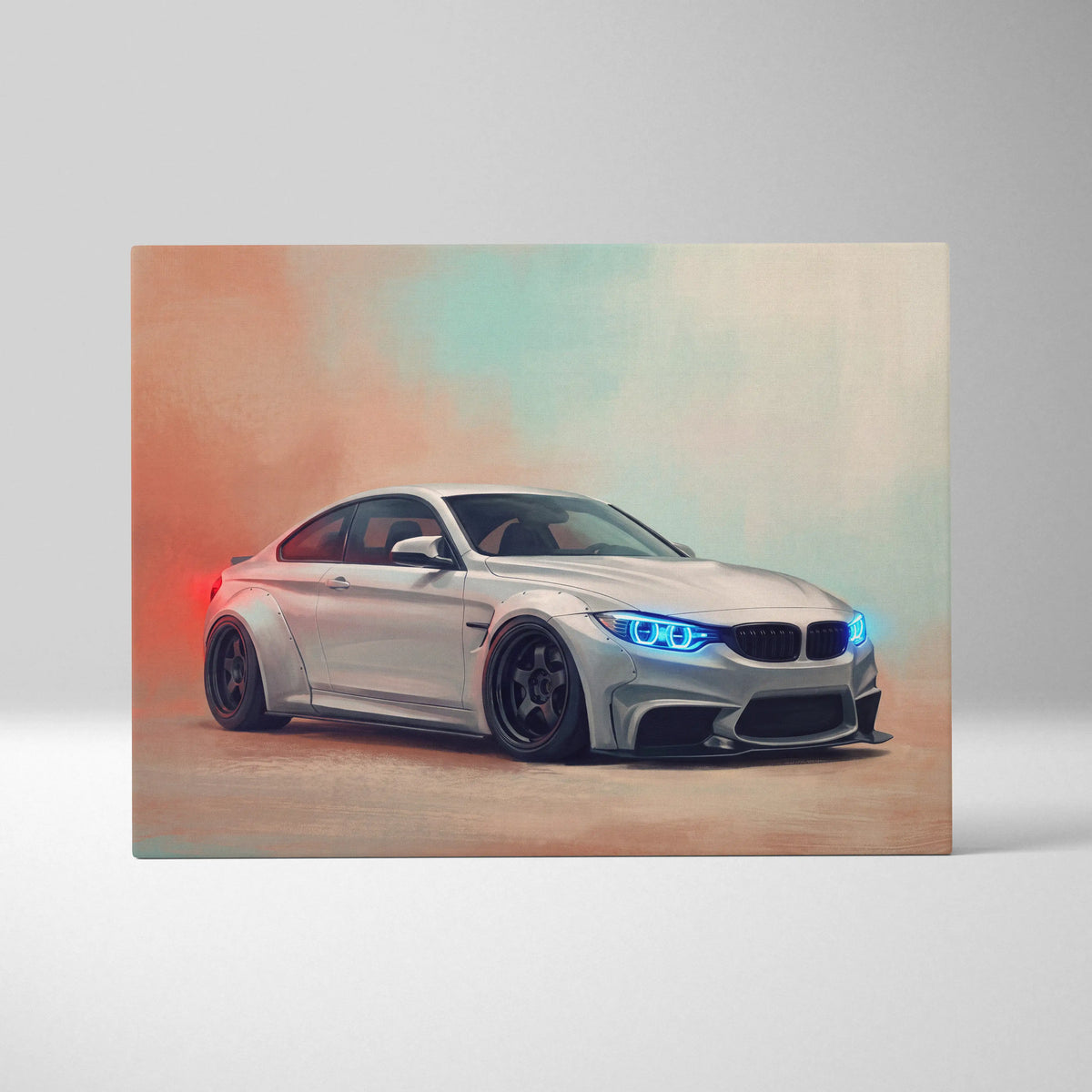 Bmw m4 inspired automotive wall art featuring silver coupe with glowing blue headlights and black rims in stylized artwork