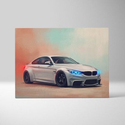Bmw m4 inspired automotive wall art featuring silver coupe with glowing blue headlights and black rims in stylized artwork