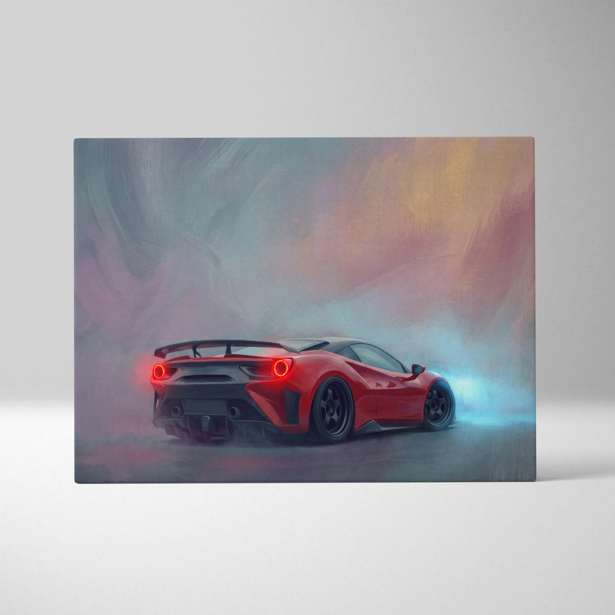 Red ferrari f8 tributo inspired supercar canvas art with glowing taillights and black racing wheels in smoky design