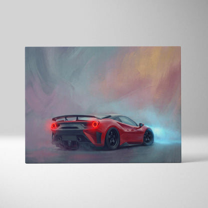 Red ferrari f8 tributo inspired supercar canvas art with glowing taillights and black racing wheels in smoky design