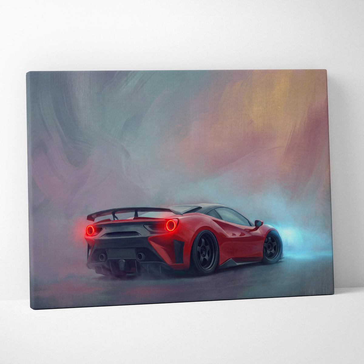 Red Ferrari F8 Tributo sports car canvas art print with glowing taillights and dynamic smoky background for wall decor