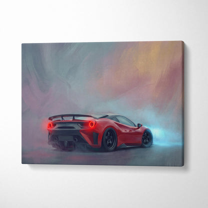 Red ferrari f8 tributo inspired supercar canvas print showing the back with glowing taillights and black spoiler