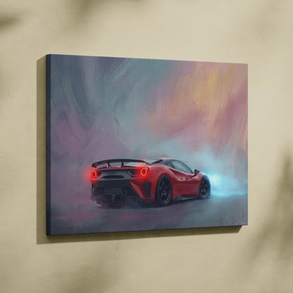 Red Ferrari F8 Tributo inspired sports car canvas art with glowing taillights and smoky colorful background wall print