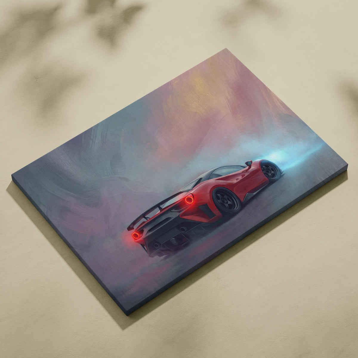 Ferrari f8 tributo inspired supercar canvas art featuring a sleek red sports car with glowing taillights and dramatic sky
